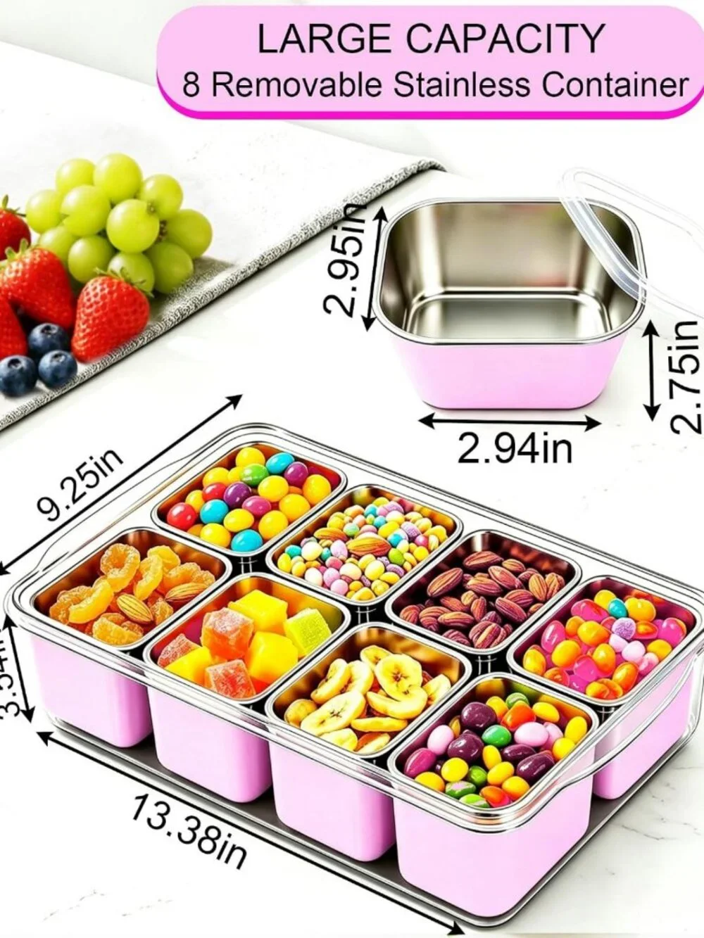 Large Stainless Steel Snack Tray with Lid & Handle, 8-Compartment Platter for